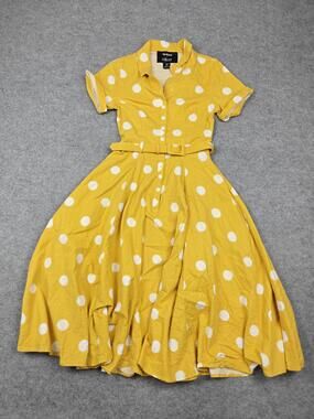 ModCloth X Collectif Dress Womens 2 Yellow Polka Dot Fit & Flare Midi Belted